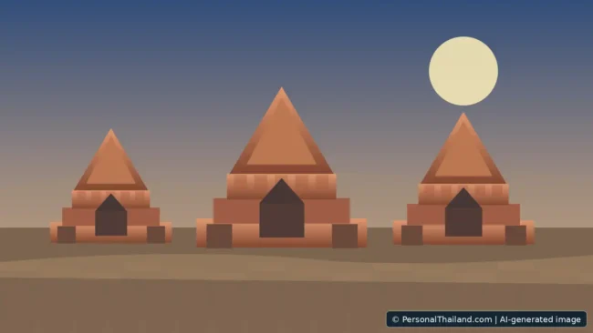Ayutthaya Travel Guide: UNESCO Ruins, Temples and a Respectful Day Trip (illustration) Stylised historical brick prangs and temple ruins in Ayutthaya with warm sunset light, AI-generated illustration