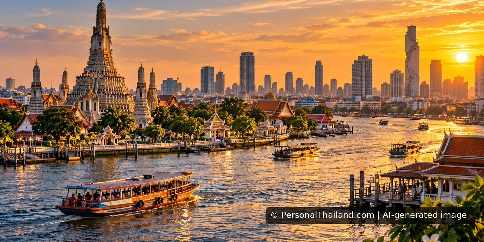 AI-generated conceptual Bangkok skyline and Chao Phraya boats at sunset, inspired by riverside temples; not an exact city photograph