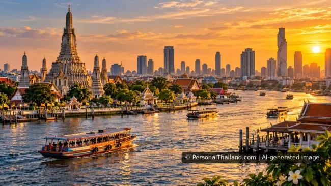 Bangkok Travel Guide: River Temples, Neighborhoods and Practical Planning (illustration) AI-generated conceptual Bangkok skyline and Chao Phraya boats at sunset, inspired by riverside temples; not an exact city photograph
