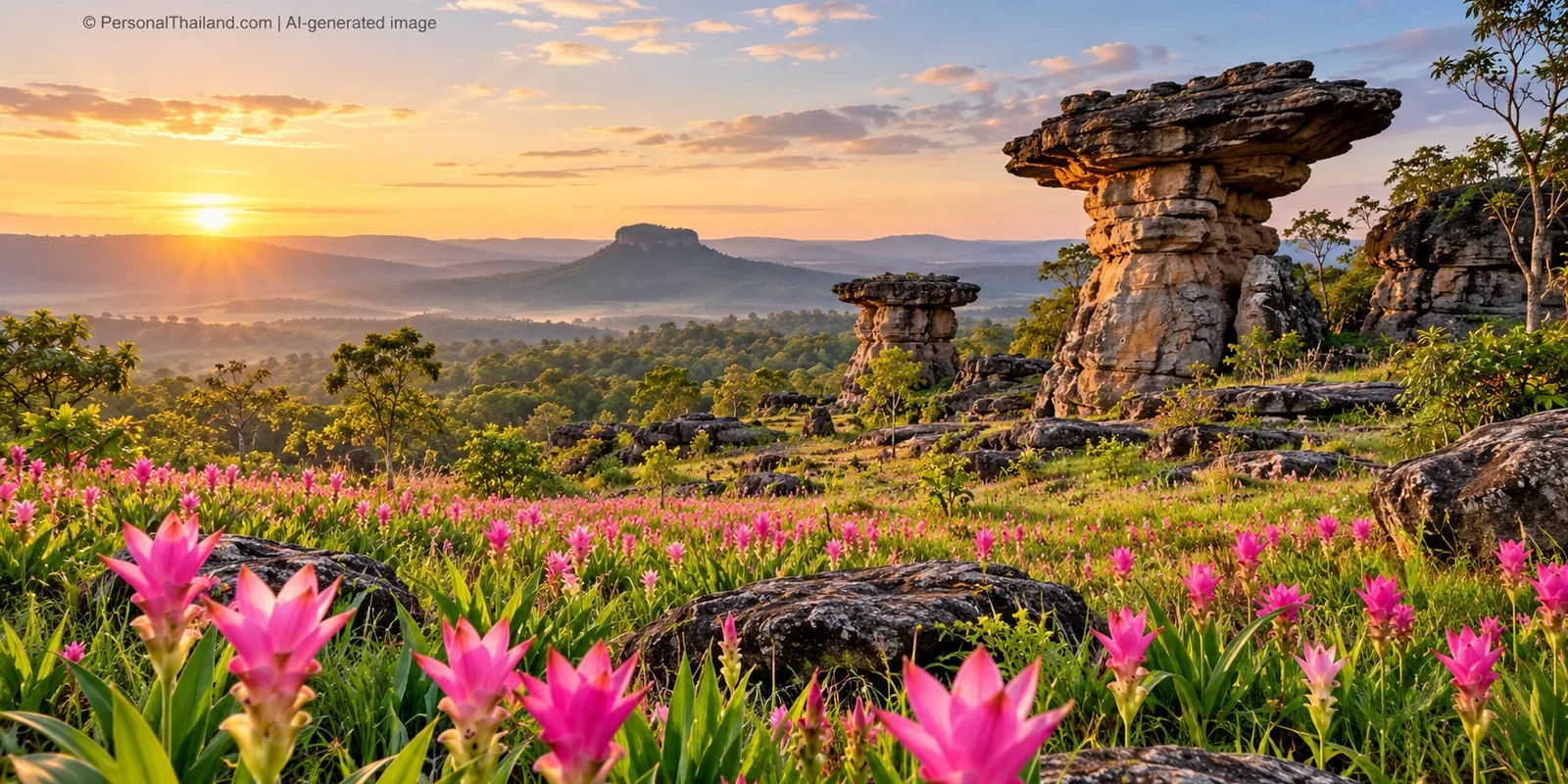 Chaiyaphum Travel Guide: Mo Hin Khao, Siam Tulips and Nature (illustration) AI-generated conceptual scenery inspired by Chaiyaphum: pink Siam tulips among mushroom-shaped sandstone rocks at sunrise (not a photograph of a real place)