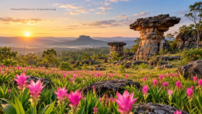 AI-generated conceptual scenery inspired by Chaiyaphum: pink Siam tulips among mushroom-shaped sandstone rocks at sunrise (not a photograph of a real place)