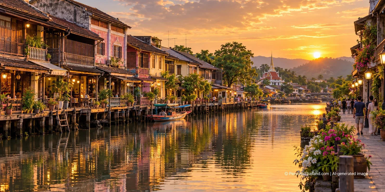 Historic wooden shophouses and a riverside walkway along the Chanthaburi River at sunset — AI-generated illustration