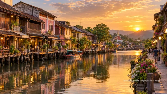 Historic wooden shophouses and a riverside walkway along the Chanthaburi River at sunset — AI-generated illustration