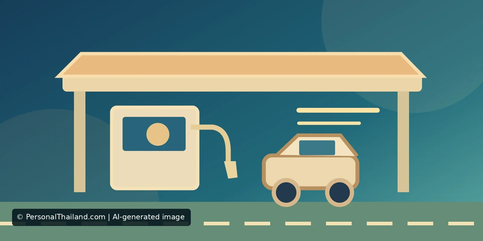 Petrol Stations in Thailand: Fuel Types, Hours and Road-Trip Tips (illustration) AI-created illustration of a fuel pump with a nozzle under a petrol-station canopy beside a small car on a road, not a real station or operator