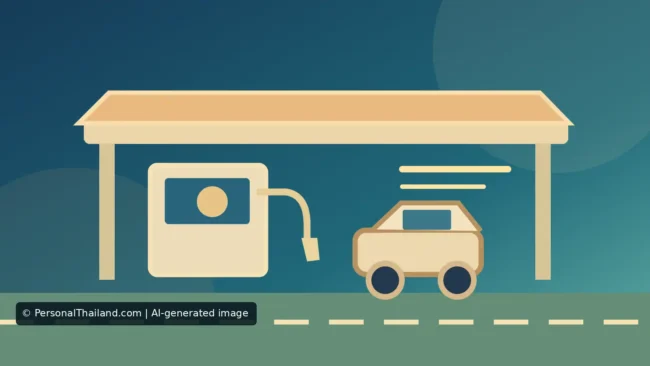 AI-created illustration of a fuel pump with a nozzle under a petrol-station canopy beside a small car on a road, not a real station or operator