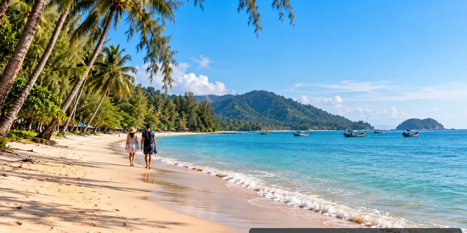 Tropical Gulf of Thailand beach with palms, turquoise sea and two travellers walking along the sand; AI-generated image