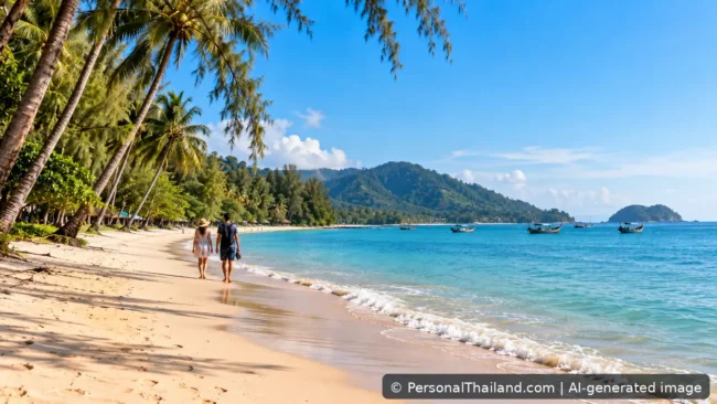 Chumphon Travel Guide: Quiet Gulf Beaches, Island Gateways and Local Life (illustration) Tropical Gulf of Thailand beach with palms, turquoise sea and two travellers walking along the sand; AI-generated image