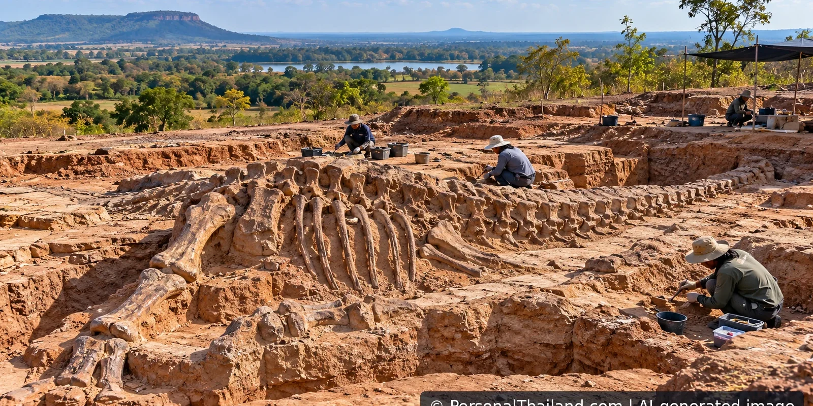 AI-generated conceptual illustration of paleontologists studying a dinosaur fossil excavation, not a photograph of the Kalasin site