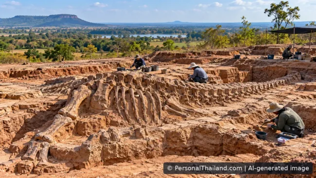 AI-generated conceptual illustration of paleontologists studying a dinosaur fossil excavation, not a photograph of the Kalasin site