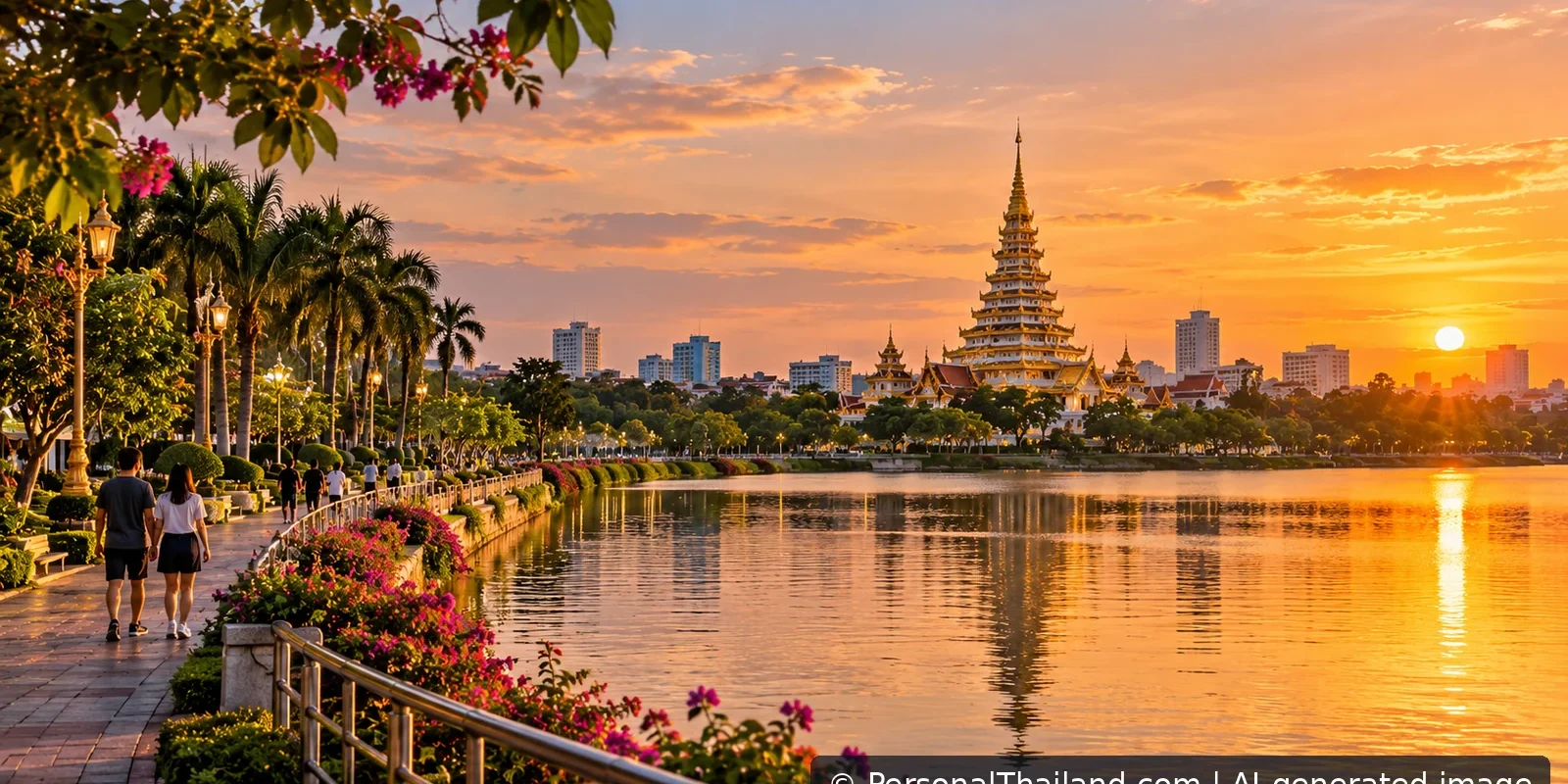 Khon Kaen Travel Guide: Temples, Lake Walks and Isan Silk (illustration) AI-generated atmospheric illustration of a city lake and an ornate temple at sunset, not an exact photograph of Wat Nong Waeng