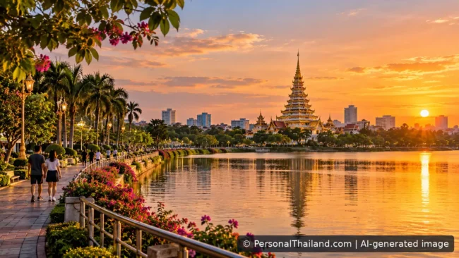 Khon Kaen Travel Guide: Temples, Lake Walks and Isan Silk (illustration) AI-generated atmospheric illustration of a city lake and an ornate temple at sunset, not an exact photograph of Wat Nong Waeng