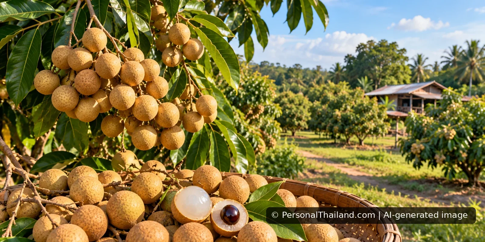 Lamphun Longan Guide: Orchards, Local Flavors and Hariphunchai Heritage (illustration) AI-generated conceptual longan orchard with fruit clusters and a harvest basket in Lamphun, Thailand; not an identified farm