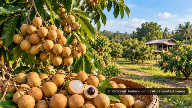 AI-generated conceptual longan orchard with fruit clusters and a harvest basket in Lamphun, Thailand; not an identified farm