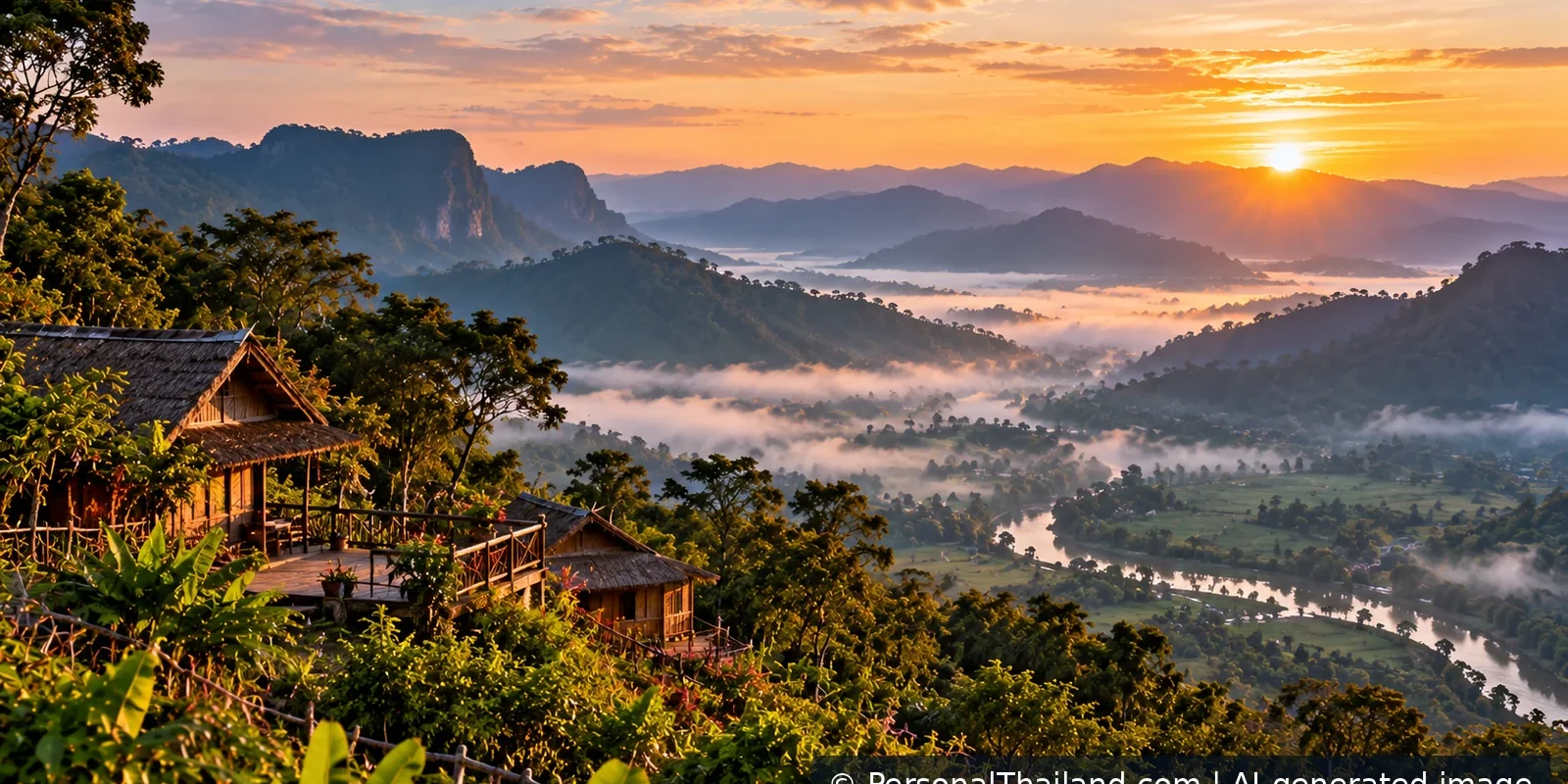 Loei Travel Guide: Chiang Khan, Cool-Season Hills and National Parks (illustration) AI-generated conceptual sunrise view of misty mountain ridges in northeastern Thailand; not a verified photo of Phu Kradueng