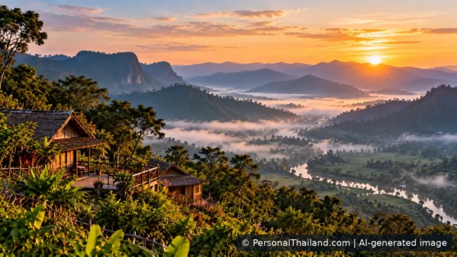 Loei Travel Guide: Chiang Khan, Cool-Season Hills and National Parks (illustration) AI-generated conceptual sunrise view of misty mountain ridges in northeastern Thailand; not a verified photo of Phu Kradueng