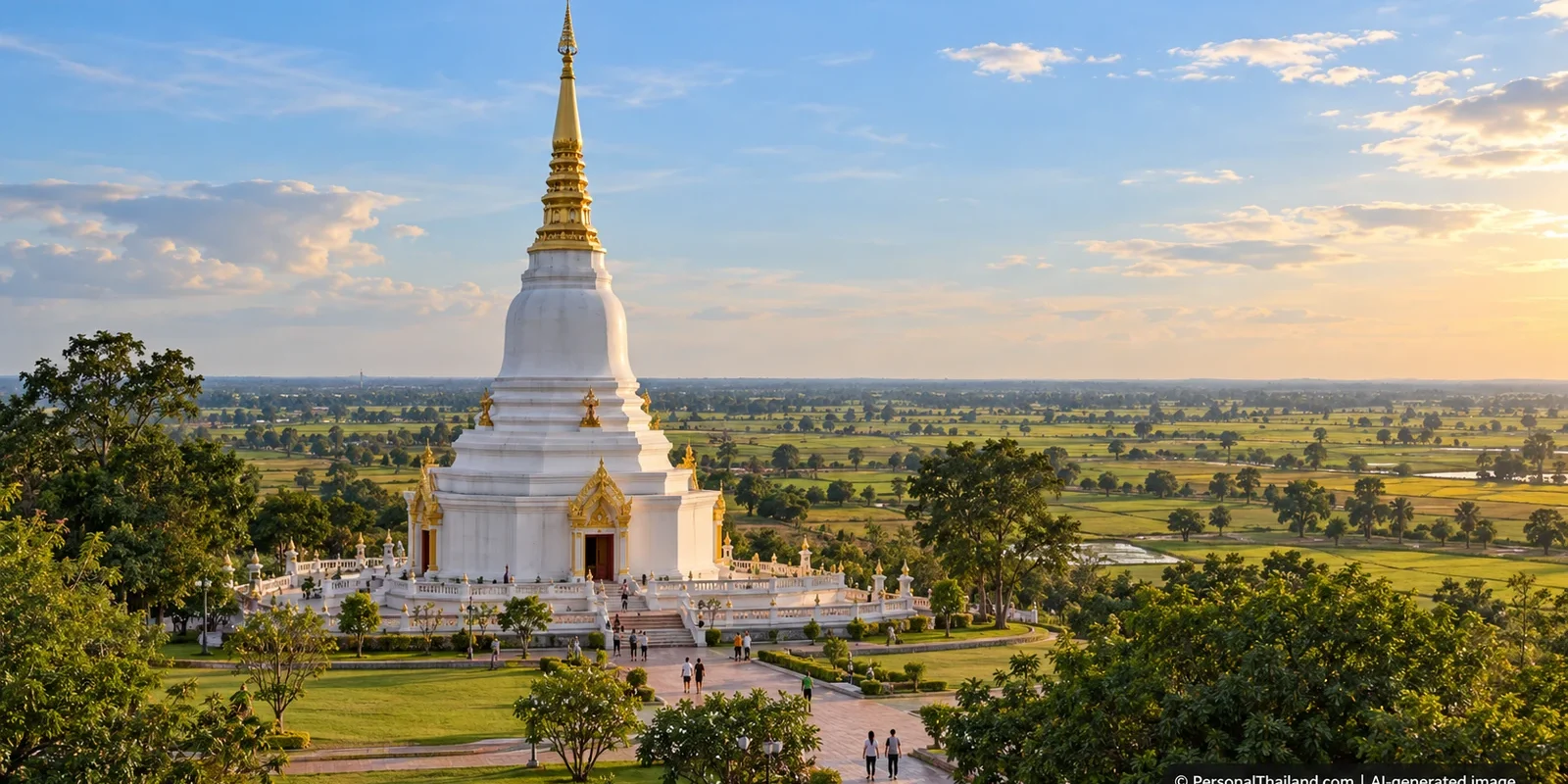Maha Sarakham Travel Guide: Na Dun Heritage, Silk and Isan Life (illustration) AI-generated conceptual scenery inspired by Maha Sarakham: a white stupa with a golden spire in landscaped parkland above flat Isan rice plains (not a photograph of a real place)