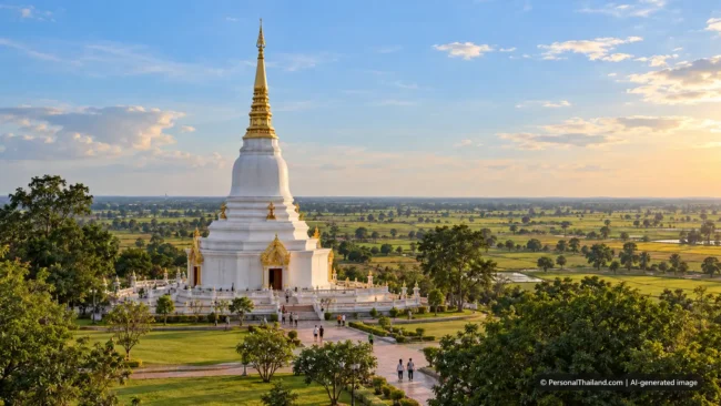 AI-generated conceptual scenery inspired by Maha Sarakham: a white stupa with a golden spire in landscaped parkland above flat Isan rice plains (not a photograph of a real place)