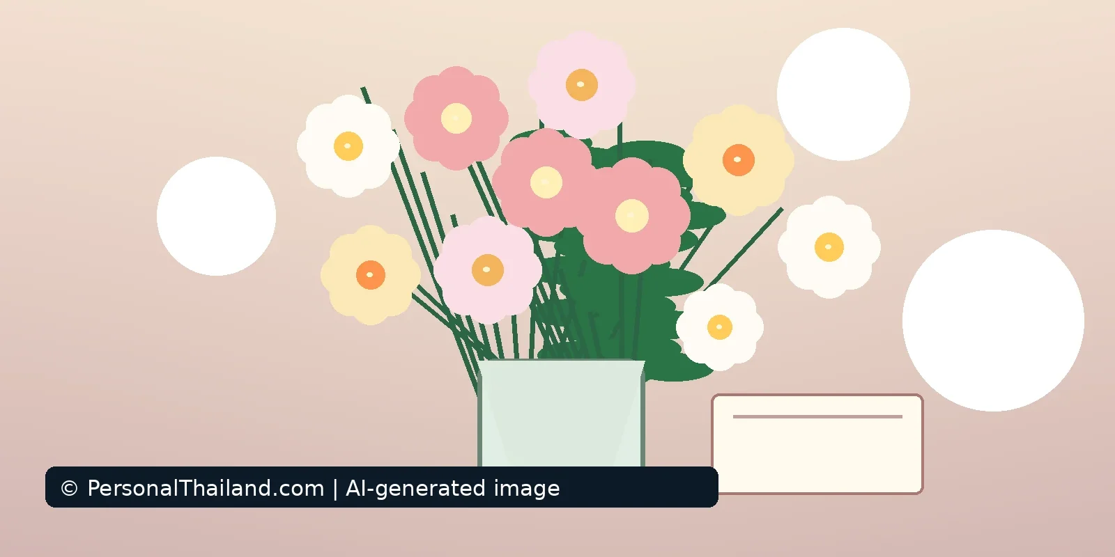 Sending Flowers to Thailand: Choosing a Florist and Avoiding Delivery Problems (illustration) AI-created illustration of a bouquet of pink, white and yellow flowers in a pale green vase beside a blank greeting card