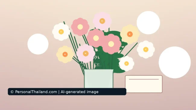 AI-created illustration of a bouquet of pink, white and yellow flowers in a pale green vase beside a blank greeting card