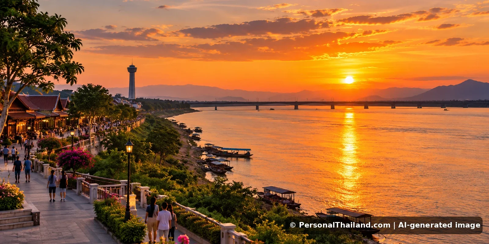 Mukdahan Travel Guide: Mekong Views, Ho Kaeo Tower and Local Culture (illustration) AI-generated conceptual travel illustration for Mukdahan, Thailand