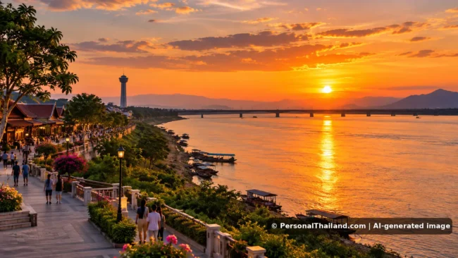 Mukdahan Travel Guide: Mekong Views, Ho Kaeo Tower and Local Culture (illustration) AI-generated conceptual travel illustration for Mukdahan, Thailand