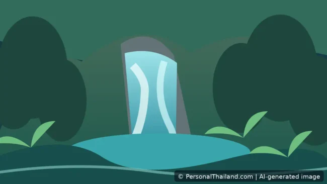 Nakhon Nayok Travel Guide: Waterfalls, Green Escapes and Easy Day Trips (illustration) Original illustrated rainforest waterfall in Nakhon Nayok with rocky cascades, ferns and a forest path, AI-generated image