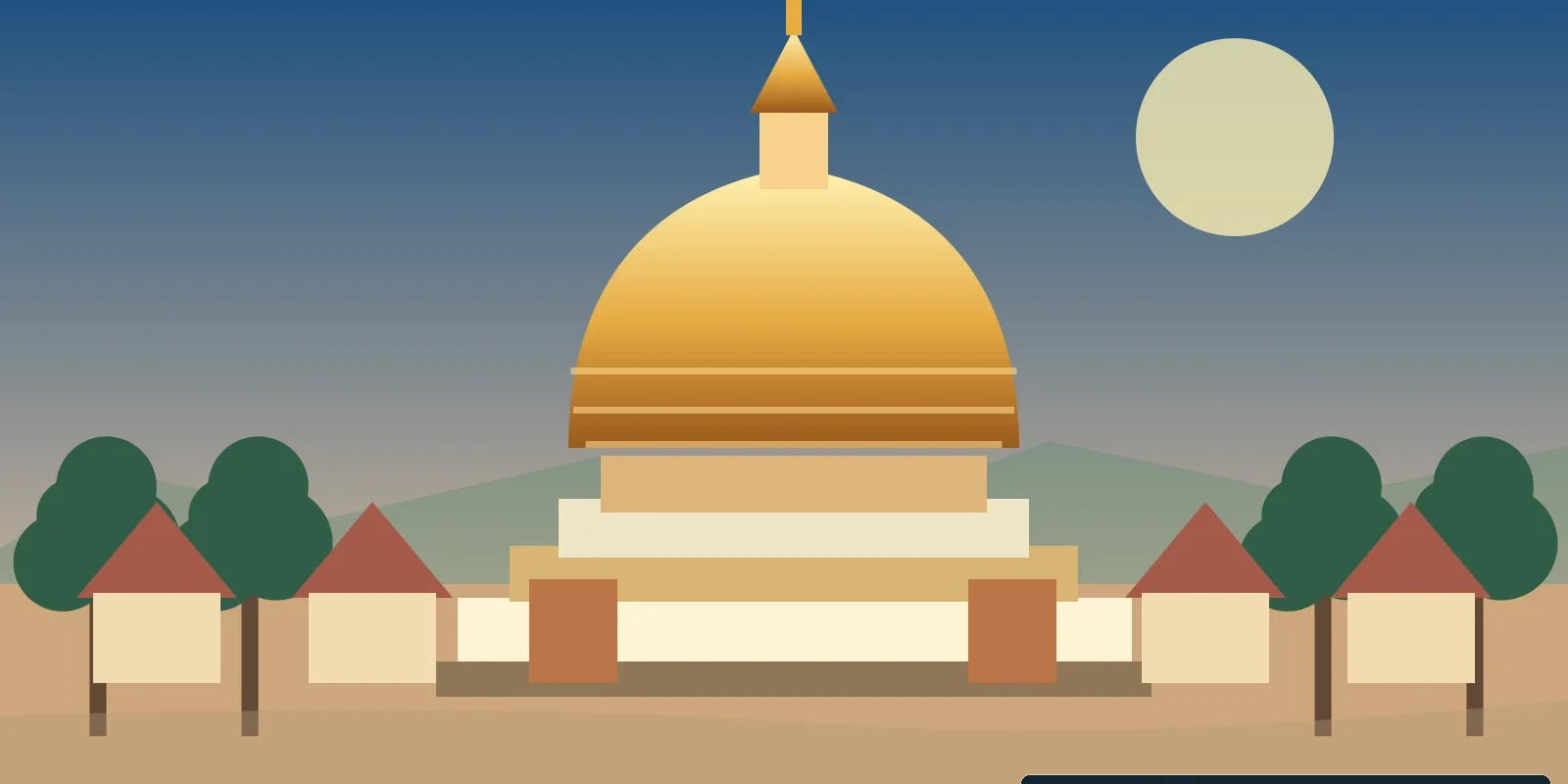 Nakhon Pathom Travel Guide: Phra Pathom Chedi and Local Heritage (illustration) Stylised monumental golden bell-shaped chedi above temple courtyard in Nakhon Pathom, AI-generated illustration