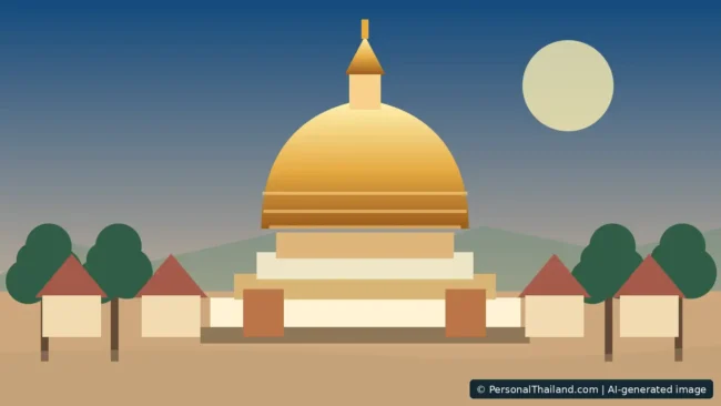 Stylised monumental golden bell-shaped chedi above temple courtyard in Nakhon Pathom, AI-generated illustration