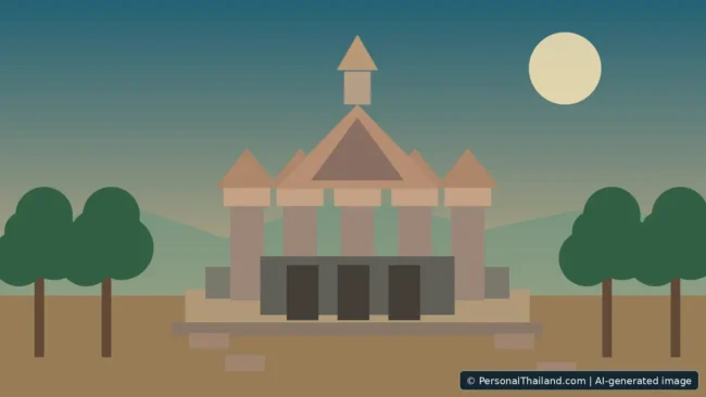 Stylised ancient Khmer stone sanctuary inspired by Phimai Historical Park in Nakhon Ratchasima, AI-generated illustration