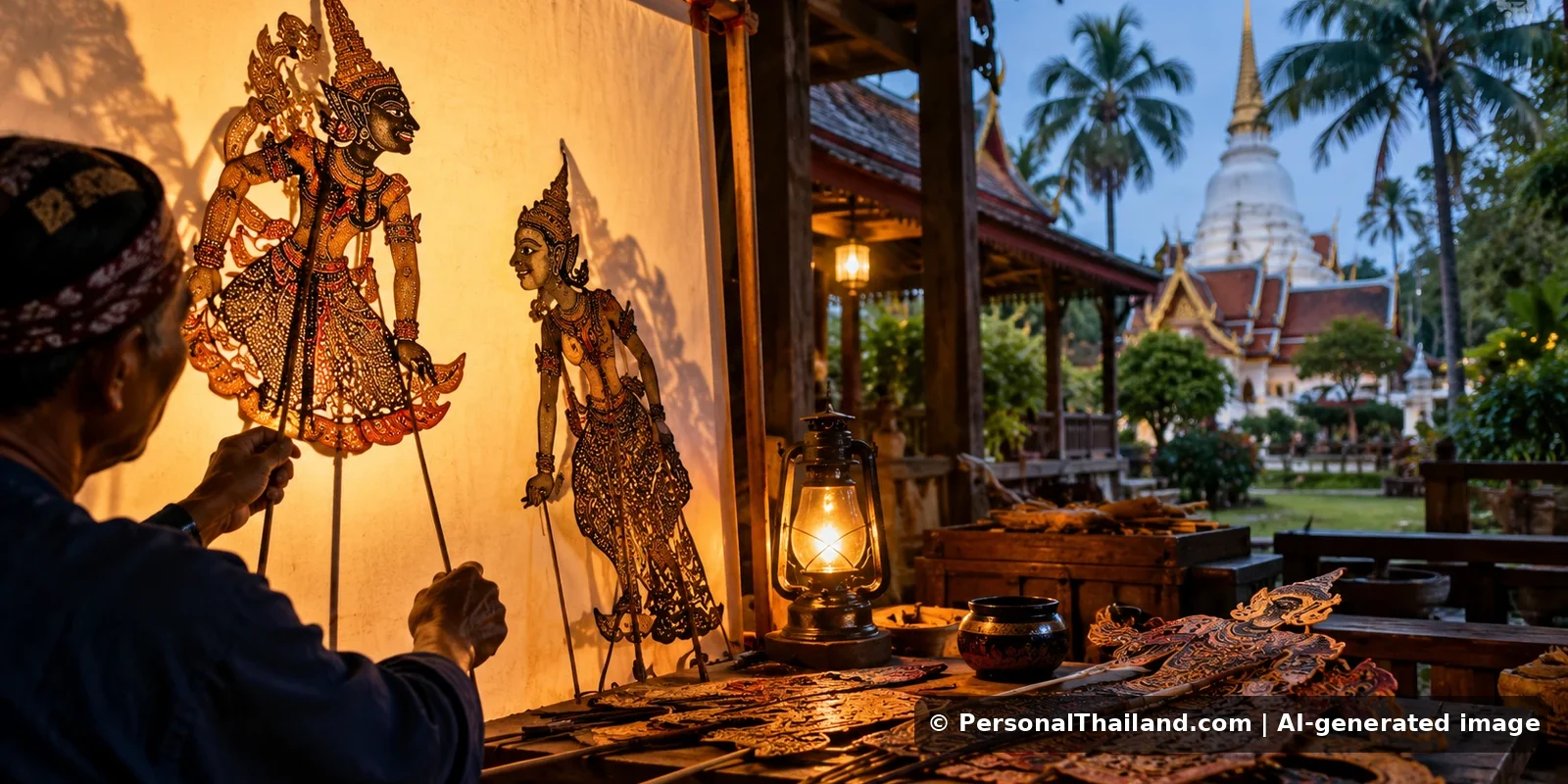 Nakhon Si Thammarat Travel Guide: Southern Temples and Shadow Puppets (illustration) AI-generated conceptual travel illustration for Nakhon Si Thammarat, Thailand