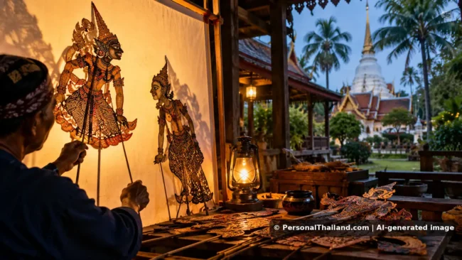 Nakhon Si Thammarat Travel Guide: Southern Temples and Shadow Puppets (illustration) AI-generated conceptual travel illustration for Nakhon Si Thammarat, Thailand