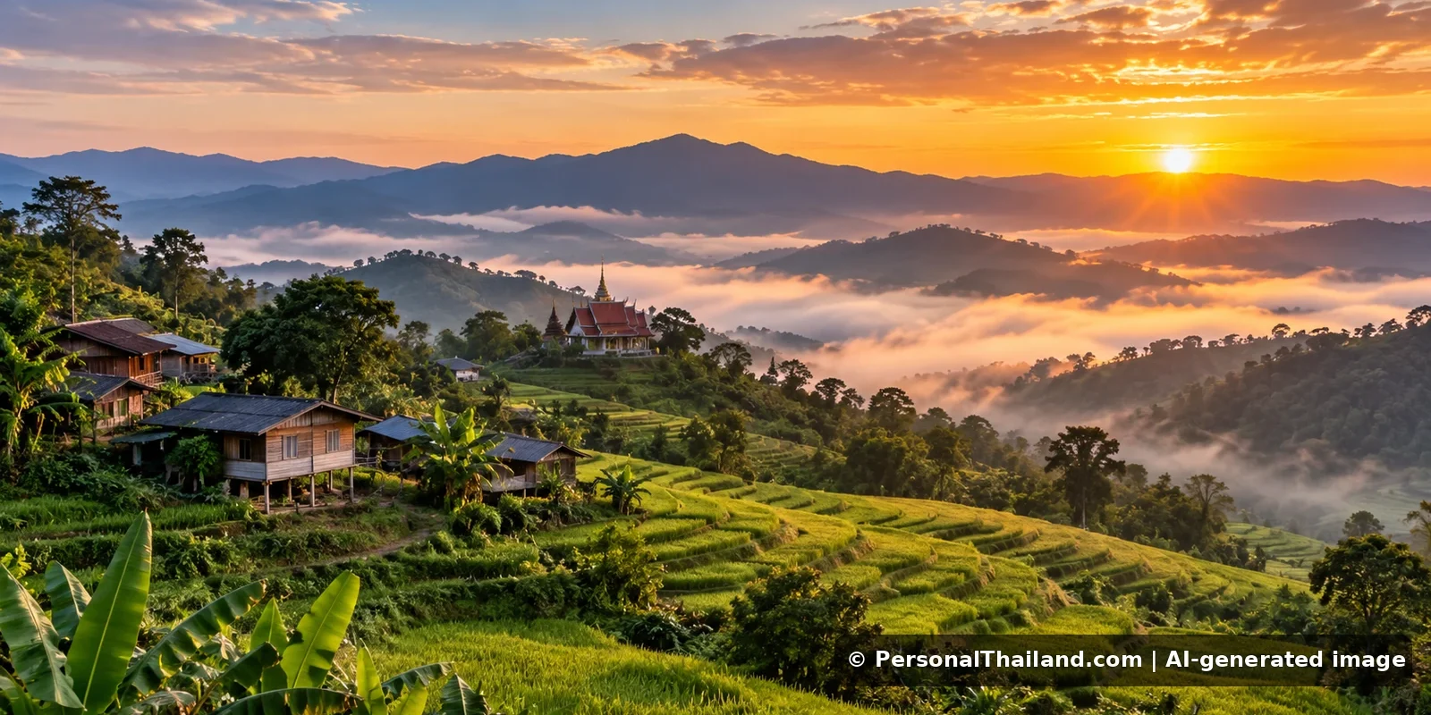 Nan Travel Guide: Wat Phumin, Mountain Villages and Northern Landscapes (illustration) AI-generated conceptual travel illustration for Nan, Thailand
