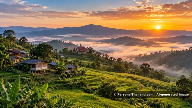 Nan Travel Guide: Wat Phumin, Mountain Villages and Northern Landscapes (illustration) AI-generated conceptual travel illustration for Nan, Thailand