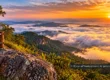 AI-generated conceptual scenery inspired by Nong Bua Lam Phu: a forested hilltop viewpoint above a sea of morning mist at sunrise (not a photograph of a real place)