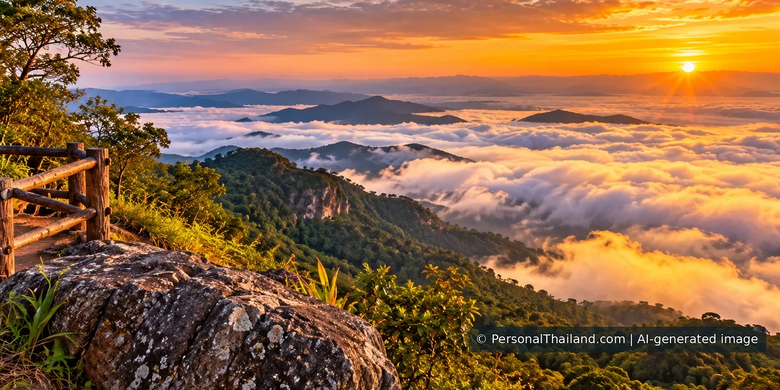 Nong Bua Lam Phu Travel Guide: Caves, Parks and Buddhist Heritage (illustration) AI-generated conceptual scenery inspired by Nong Bua Lam Phu: a forested hilltop viewpoint above a sea of morning mist at sunrise (not a photograph of a real place)