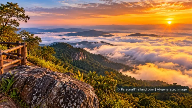 AI-generated conceptual scenery inspired by Nong Bua Lam Phu: a forested hilltop viewpoint above a sea of morning mist at sunrise (not a photograph of a real place)