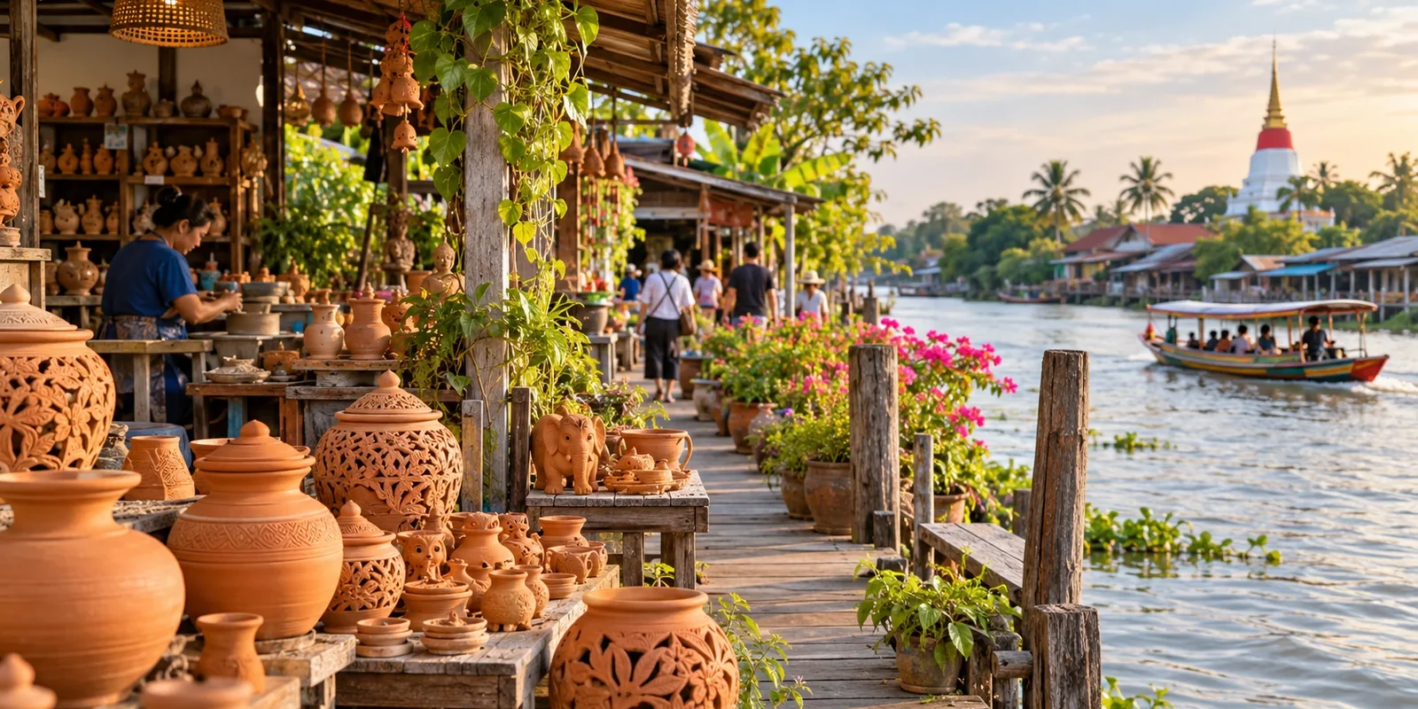 Nonthaburi Travel Guide: Ko Kret Pottery and Riverside Culture (illustration) AI-generated conceptual scenery inspired by Ko Kret, Nonthaburi: a riverside terracotta pottery workshop and boardwalk by the Chao Phraya with a white Mon-style chedi in the distance (not a photograph of a real place)