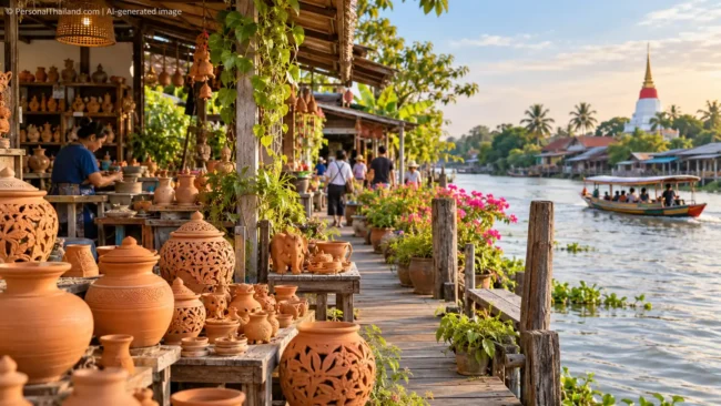AI-generated conceptual scenery inspired by Ko Kret, Nonthaburi: a riverside terracotta pottery workshop and boardwalk by the Chao Phraya with a white Mon-style chedi in the distance (not a photograph of a real place)