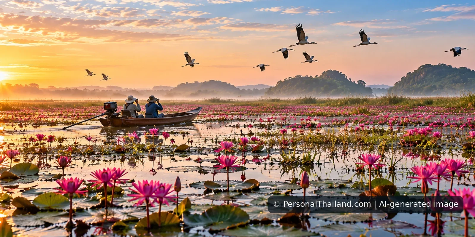 AI-generated image: Pink lotus wetland at sunrise (conceptual image, not an identified site)