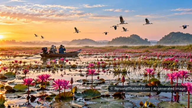 AI-generated image: Pink lotus wetland at sunrise (conceptual image, not an identified site)