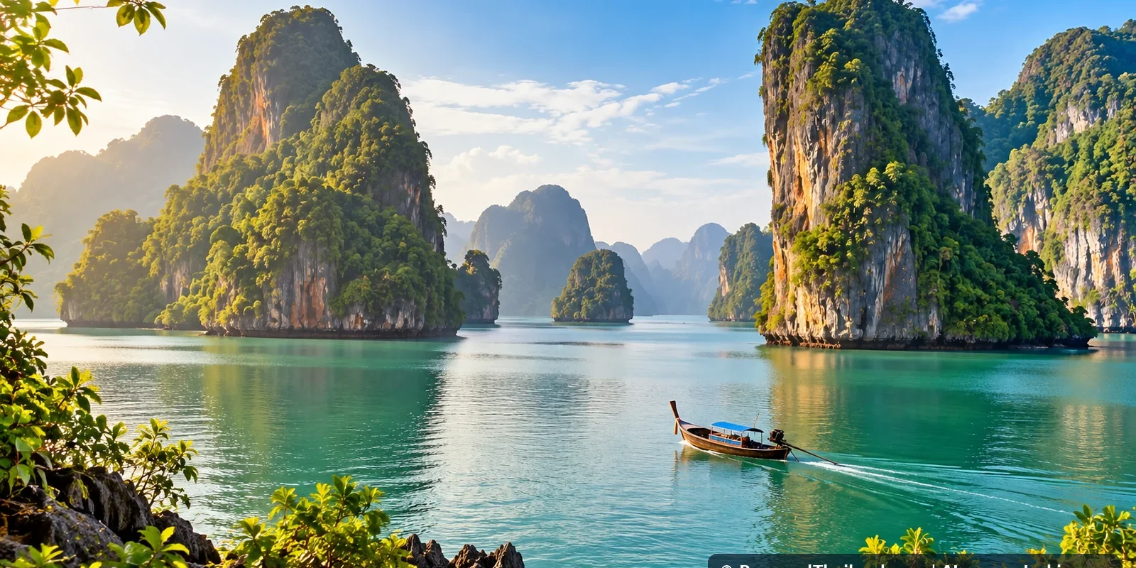 Phang Nga Travel Guide: Limestone Bay, Khao Lak and Island Nature (illustration) AI-generated illustration of a longtail boat among limestone islands in a tropical Andaman bay