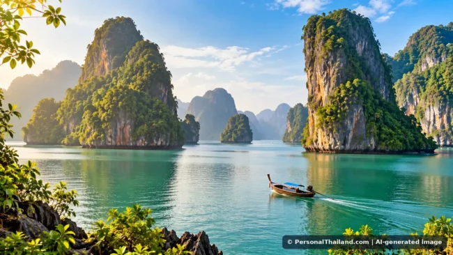 Phang Nga Travel Guide: Limestone Bay, Khao Lak and Island Nature (illustration) AI-generated illustration of a longtail boat among limestone islands in a tropical Andaman bay