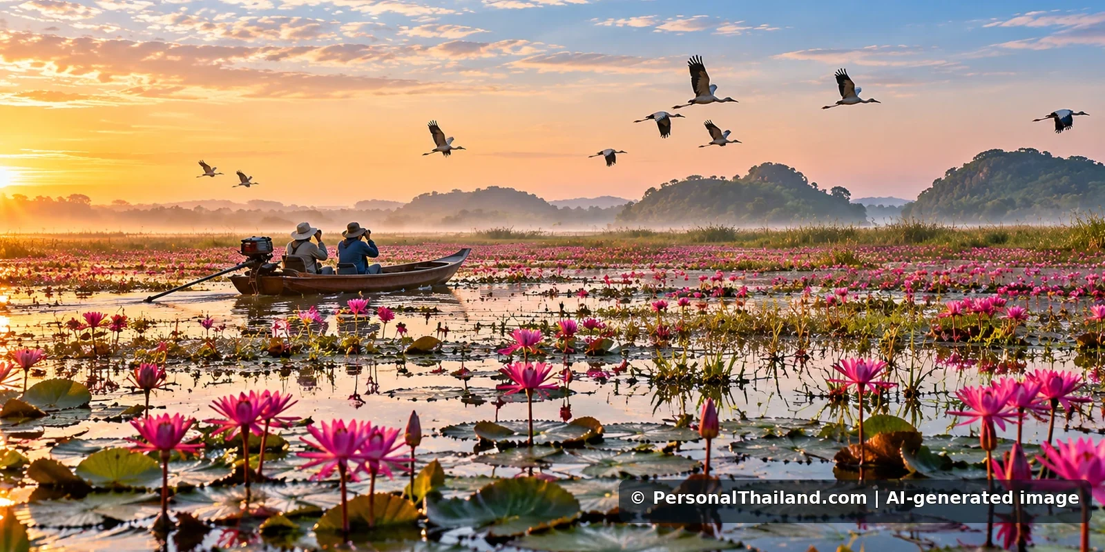 Phatthalung Travel Guide: Thale Noi Wetlands, Birds and Southern Culture (illustration) AI-generated editorial scene of pink lotus flowers, waterbirds and a small boat on a southern Thai wetland at sunrise