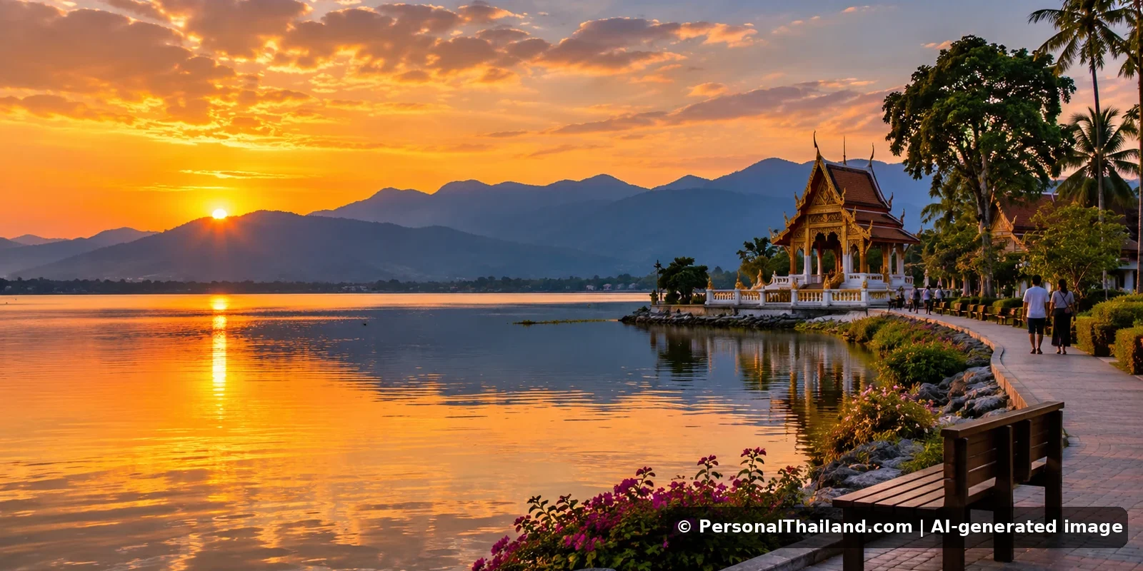Phayao Travel Guide: Kwan Phayao Lake, Wat Tilok Aram and Mountain Views (illustration) AI-generated conceptual travel illustration for Phayao, Thailand