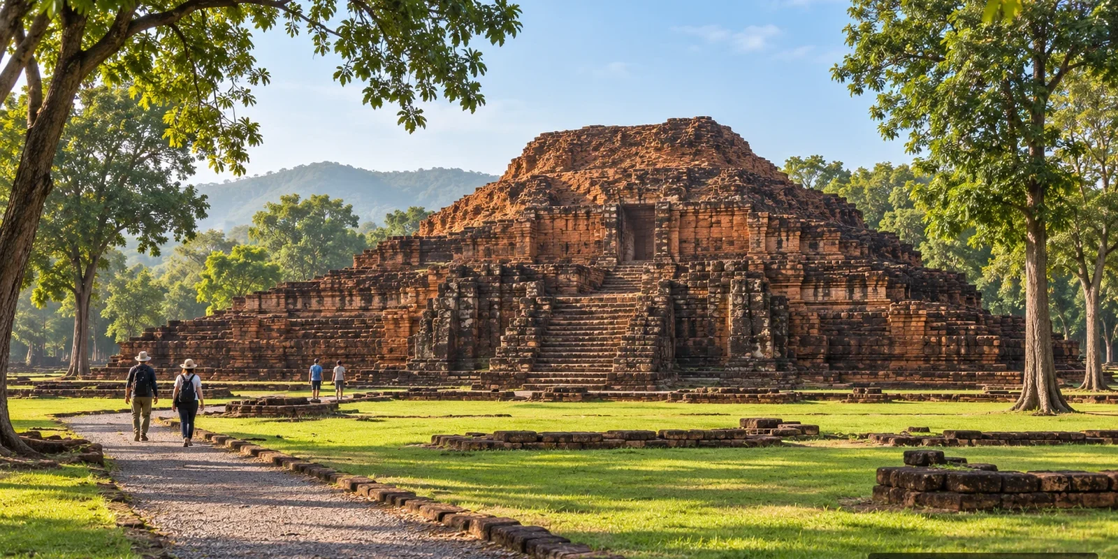 AI-generated conceptual scenery inspired by Si Thep, Phetchabun: a large weathered laterite-and-brick stepped monument on a green lawn with visitors on a path (not a photograph of a real place)