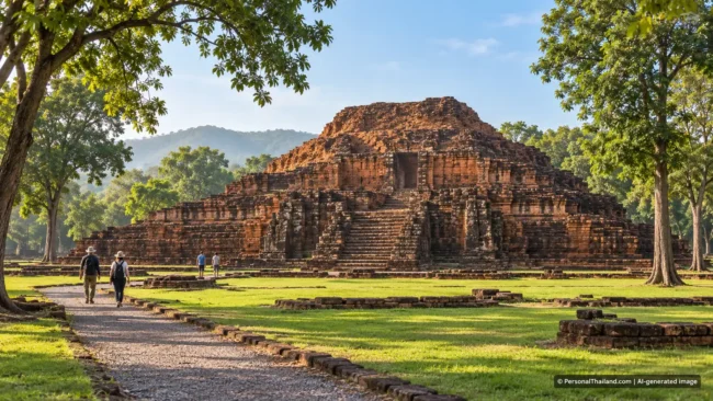 AI-generated conceptual scenery inspired by Si Thep, Phetchabun: a large weathered laterite-and-brick stepped monument on a green lawn with visitors on a path (not a photograph of a real place)