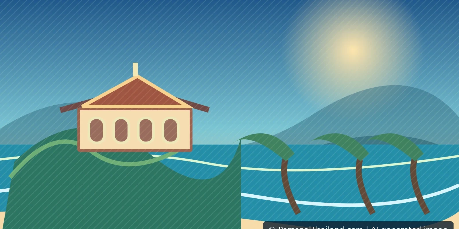 AI-generated editorial illustration of Phetchaburi palace-style architecture and the Cha-am coastline; not a photograph of a named palace
