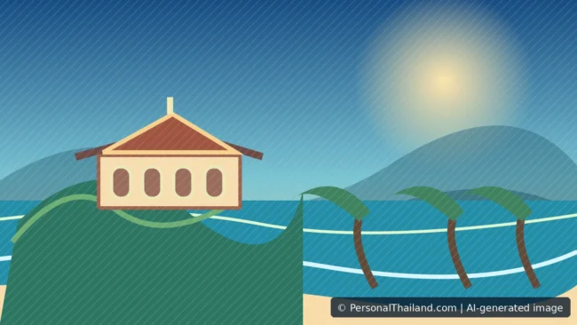 AI-generated editorial illustration of Phetchaburi palace-style architecture and the Cha-am coastline; not a photograph of a named palace