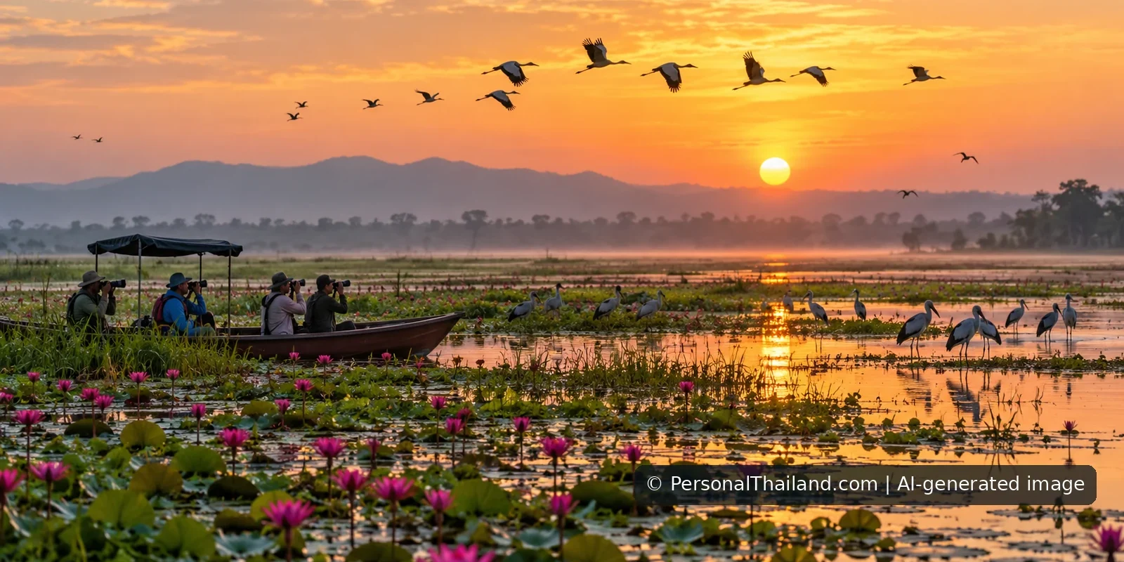 Phichit Travel Guide: Bueng Si Fai, Temples and River Heritage (illustration) AI-generated image: Water birds and lotus wetland at sunrise (conceptual image, not a photo of Bueng Si Fai)