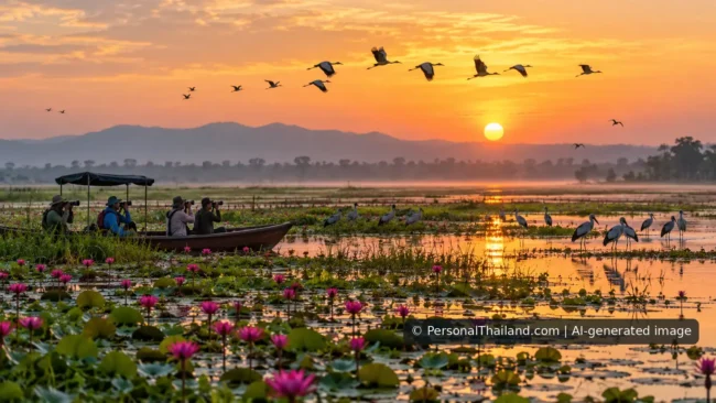 AI-generated image: Water birds and lotus wetland at sunrise (conceptual image, not a photo of Bueng Si Fai)